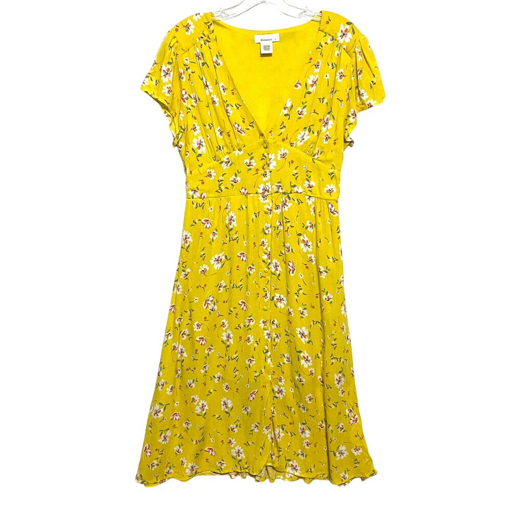 Urban Romantics Yellow Floral V Neck Midi Dress L Empire Waist Cottage Prairie